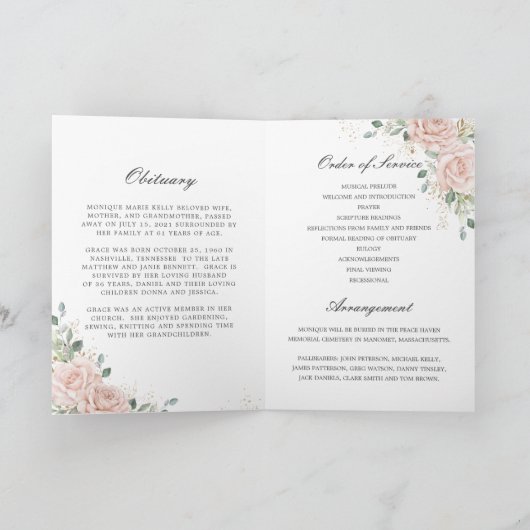 Elegante Soft Blush Rozen Bloemen Foto Begrafenis Programma (Binnen)