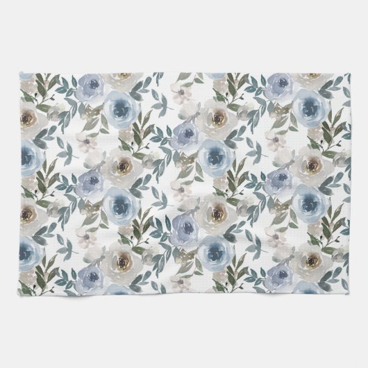 Elegante Soft Dusty Blue Waterverf Bloemen voor Theedoek (Horizontaal)