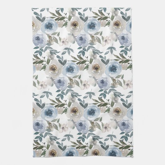 Elegante Soft Dusty Blue Waterverf Bloemen voor Theedoek (Verticaal)