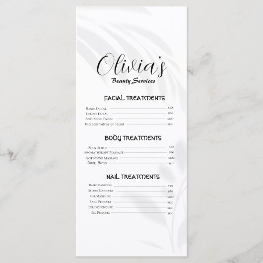 Elegante Soft White Beauty Services prijslijst Menu (Voorkant)
