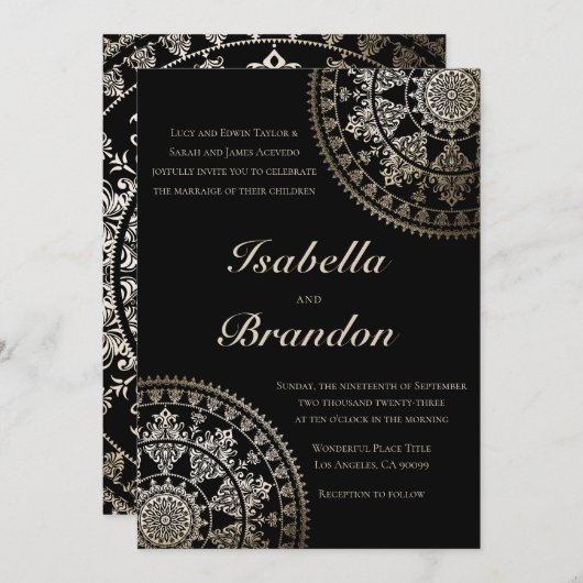 Elegante Solar Mandala bruiloft uitnodigingen goud (Voorkant / Achterkant)