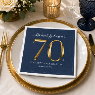Elegante Solid Gold Tekst Navy Blauwe 70e Verjaard Servet