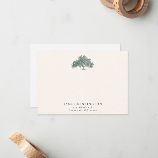 Elegante Southern Oak Tree Custom Naam Adres Notitiekaartje (Voorkant / Achterkant in situ)