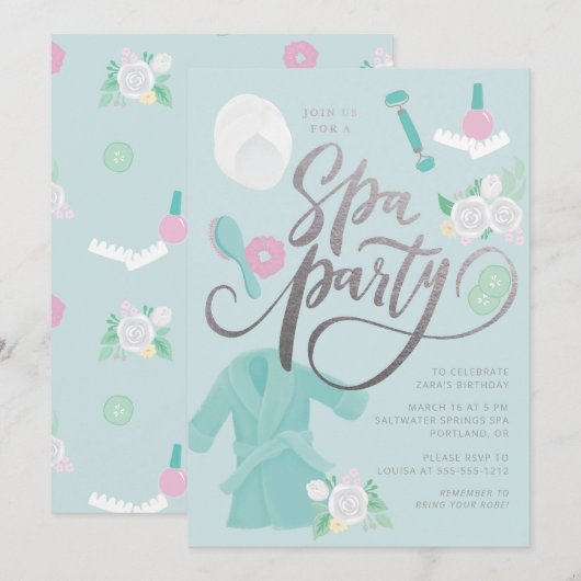 Elegante spa-feestuitnodiging blauw met namaak zil kaart (Voorkant / Achterkant)