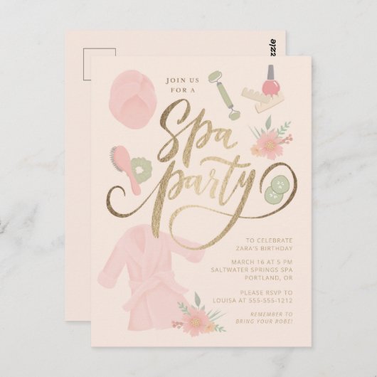 Elegante spa-feestuitnodiging met namaakgoud  briefkaart (Voorkant / Achterkant)