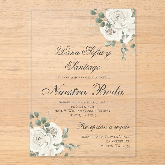 Elegante Spaanse bruiloft acryl uitnodiging (Voorkant)