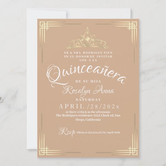 Elegante Spaanse Quinceañera Mis Quince Beige Goud Kaart (Achterkant)