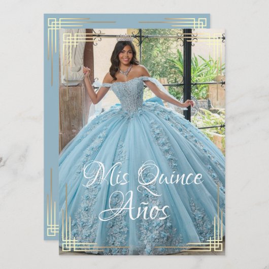 Elegante Spaanse Quinceañera Mis Quince Blauw Goud Kaart (Voorkant / Achterkant)