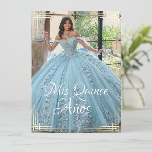 Elegante Spaanse Quinceañera Mis Quince Blauw Goud Kaart (Staand voorkant)