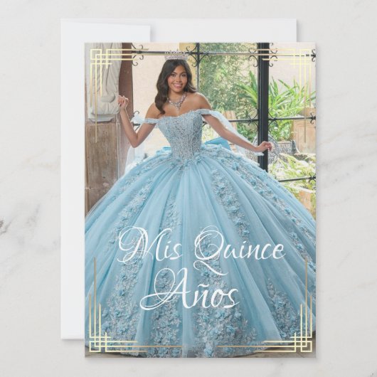Elegante Spaanse Quinceañera Mis Quince Blauw Goud Kaart (Voorkant)