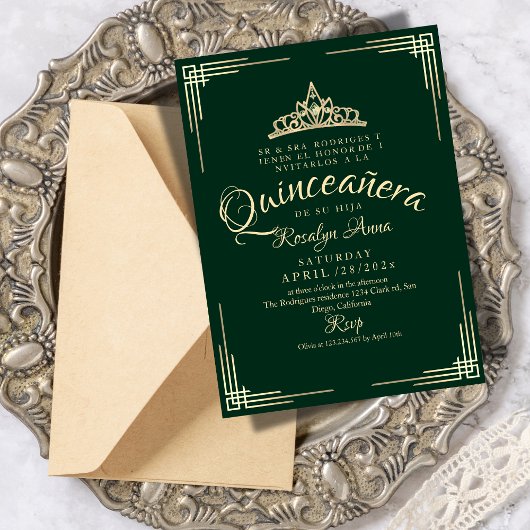 Elegante Spaanse Quinceañera Mis Quince Groen Goud Kaart