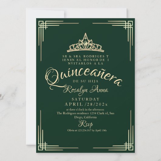 Elegante Spaanse Quinceañera Mis Quince Groen Goud Kaart (Achterkant)