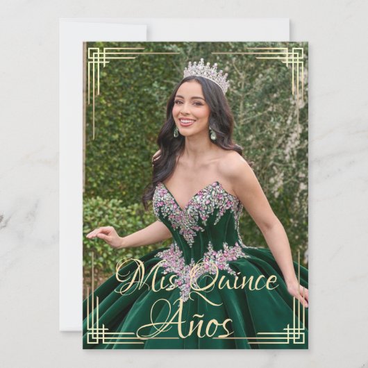 Elegante Spaanse Quinceañera Mis Quince Groen Goud Kaart (Voorkant)