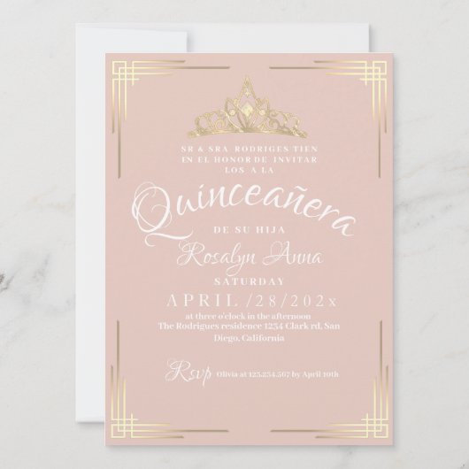 Elegante Spaanse Quinceañera Mis Quince Roze Roos Kaart (Achterkant)