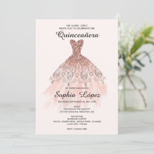 Elegante Spaanse Quinceañera Mis Quince Roze Roos Kaart (Staand voorkant)