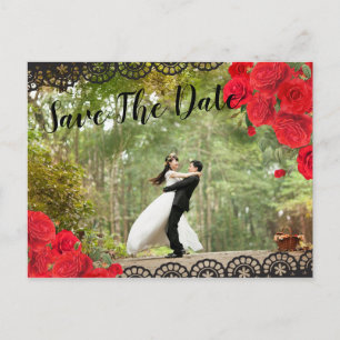 Elegante Spaanse Rode Roos & Zwart Save The Date Aankondigingskaart