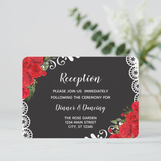 Elegante Spaanse Roos & Kant (rood/zwart) Informatiekaartje (Staand voorkant)