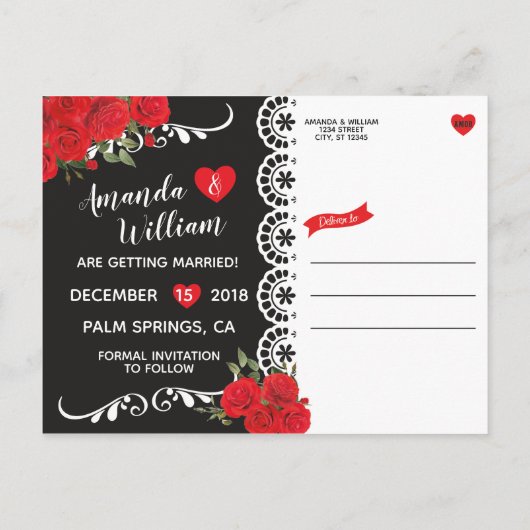 Elegante Spaanse Roos & Kant Save The Date rood/zw Aankondigingskaart (Achterkant)