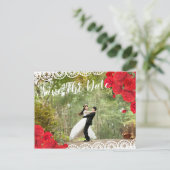 Elegante Spaanse Roos & Kant Save The Date rood/zw Aankondigingskaart (Staand voorkant)