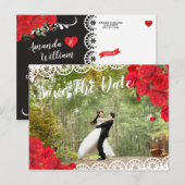 Elegante Spaanse Roos & Kanten Save The Date rood/ Aankondigingskaart (Voorkant / Achterkant)