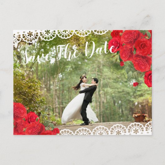 Elegante Spaanse Roos & Kanten Save The Date rood/ Aankondigingskaart (Voorkant)