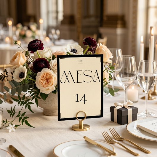 Elegante Spaanse Zwarte Crème Monogram Numero Mesa Kaart