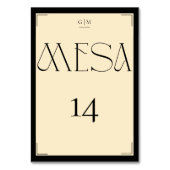 Elegante Spaanse Zwarte Crème Monogram Numero Mesa Kaart (Achterkant)