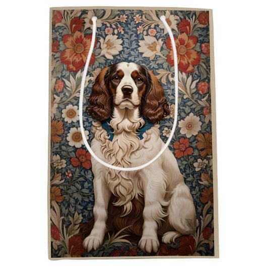 Elegante spaniël op bloemachtergrond medium cadeauzakje (Voorkant)