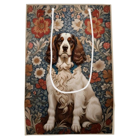 Elegante spaniël op  bloemachtergrond medium cadeauzakje (Achterkant)