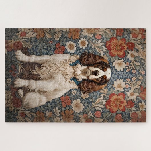 Elegante spaniël op bloemenachtergrond legpuzzel (Horizontaal)