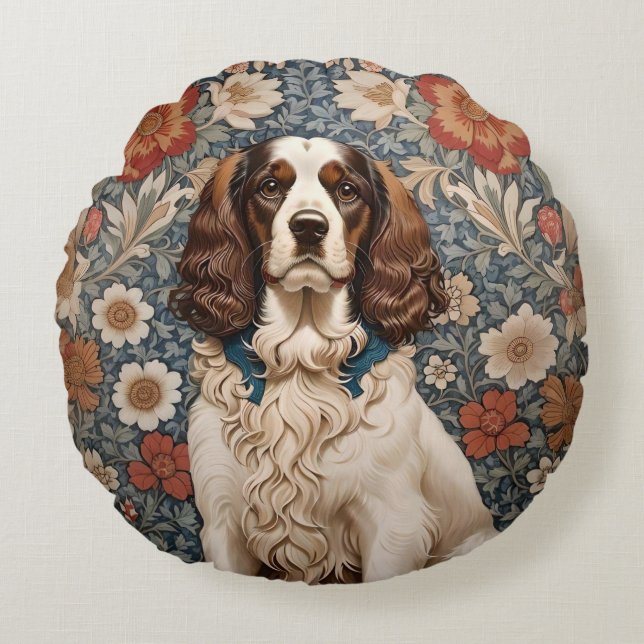 Elegante Spaniel William Morris Geïnspireerd Bloem Rond Kussen (Voorkant)