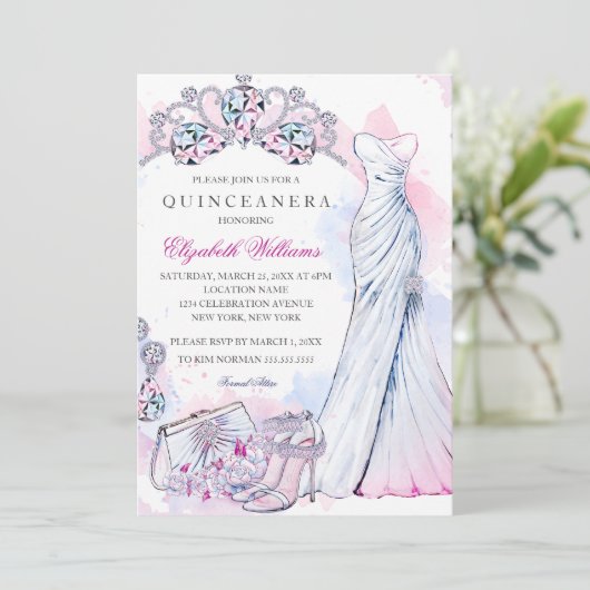 Elegante Sparkle Crystal Gown Quinceanera Uitnodig Kaart (Staand voorkant)