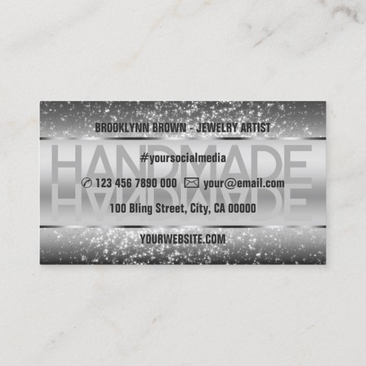 Elegante Sparkle Glitter Luxe Glam Donker Zilver Visitekaartje (Achterkant)