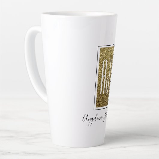 Elegante Sparkle Gold Glitter Monogram Naam Latte Mok (Linkerhoek)