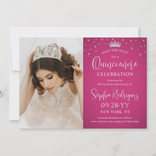 Elegante Sparkles Quinceañera 2 Foto Fuschia Roze Save The Date (Achterkant)