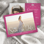 Elegante Sparkles Quinceañera 2 Foto Fuschia Roze Save The Date<br><div class="desc">Deel het vreugdevolle nieuws van een aankomende Quinceañera-viering met chique moderne 2-foto's en sla de datum-uitnodigingen op. De afbeeldingen en alle bewoordingen van deze sjabloon zijn eenvoudig te personaliseren. De kleuren en lettertypestijlen kunnen eenvoudig worden aangepast met de Zazzle Design Editor. Het hete fuschia roze design heeft een chique gradiëntachtergrond...</div>