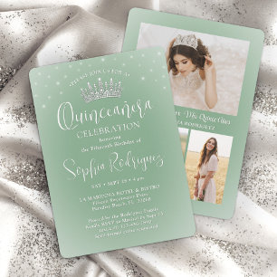 Elegante Sparkles Quinceañera 3 Foto Sage Green Kaart