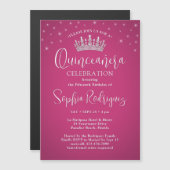Elegante Sparkles Quinceañera Crown Fuschia Pink Magnetische Uitnodiging (Voorkant / Achterkant)