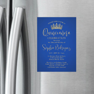 Elegante Sparkles Quinceañera Crown Royal Blue Gol Magnetische Uitnodiging