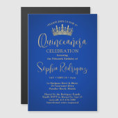 Elegante Sparkles Quinceañera Crown Royal Blue Gol Magnetische Uitnodiging (Voorkant / Achterkant)
