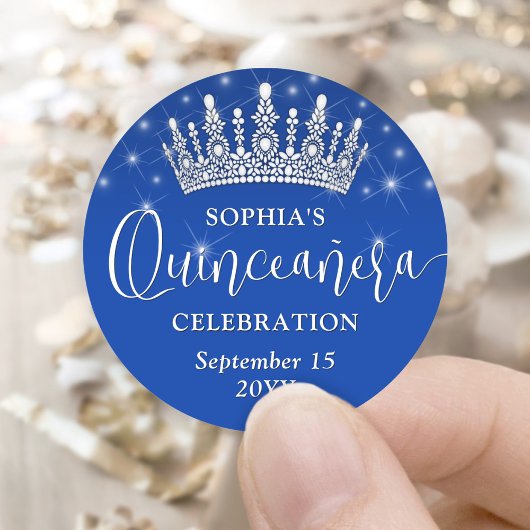 Elegante Sparkles Quinceañera Crown Royal Blue Ronde Sticker