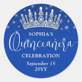 Elegante Sparkles Quinceañera Crown Royal Blue Ronde Sticker (Voorkant)