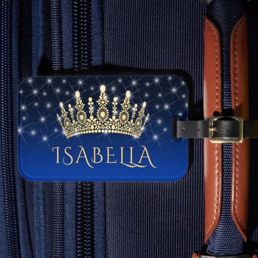 Elegante Sparkly Crown & Stars Royal Blue & Gold Bagagelabel (Voorkant Insitu 4)
