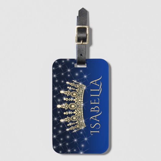 Elegante Sparkly Crown & Stars Royal Blue & Gold Bagagelabel (Voorkant (verticaal))