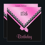 Elegante Sparkly Diamonds & Pink Bow 18e verjaarda Kaart<br><div class="desc">Een mooie dubbelzijdige verjaardagsuitnodiging sjabloon voor elke leeftijd voor vrouwen en meisjes. De voorzijde van deze moderne, verfijnde en zeer elegante uitnodiging heeft een zwart en roze enveloppe stijl ontwerp versierd met sprankelende glitzy diamanten met een roze kantboog. De achterkant heeft hetzelfde ontwerp met voldoende ruimte voor uw evenementdetails. Alle...</div>