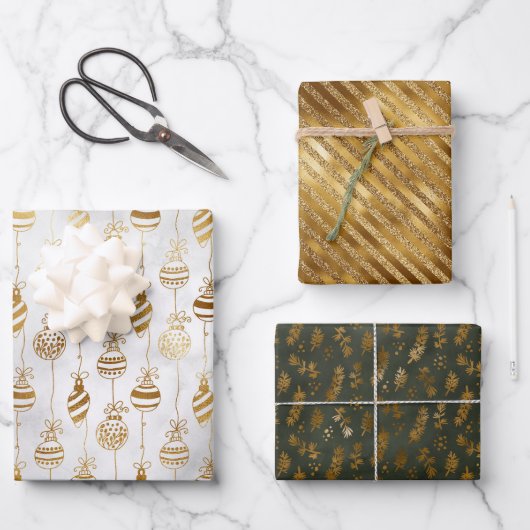 Elegante Sparkly Goud Wit Groen Kerstmis Inpakpapier Vel (Voorkant)