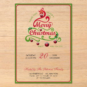 Elegante & speelse kronkelige kerstboom typografie acryl uitnodigingen