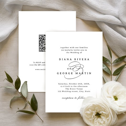 Elegante Spiraal Script Eenvoudige QR-code Trouwen Kaart
