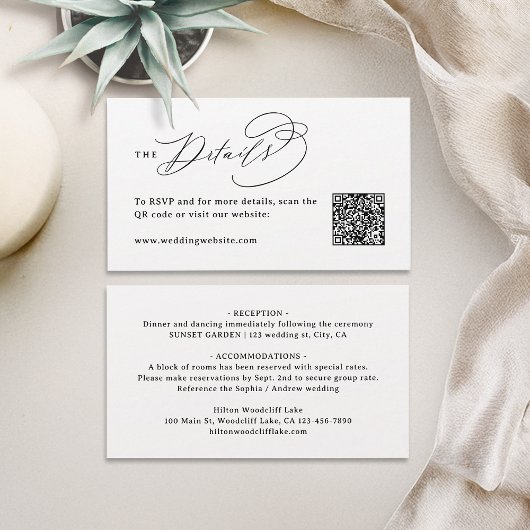 Elegante Spiraal Script QR Code Huwelijksdetails Plaatskaartje