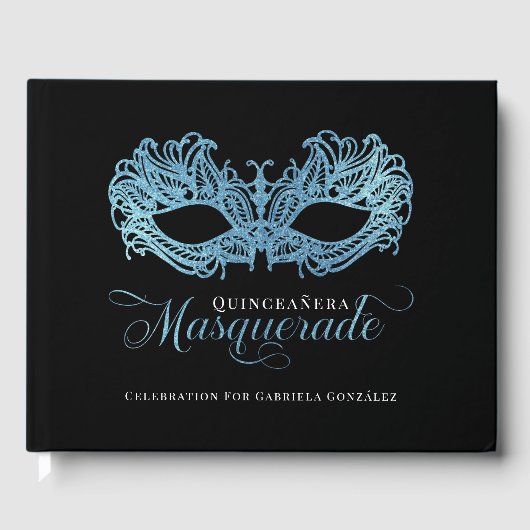 Elegante sprankelende blauwe Masquerade Quinceaner Gastenboek (Voorkant)